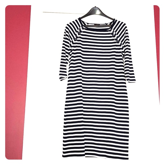 Talbots knit navy and white 3/4 length sleeve dres - Picture 1 of 6